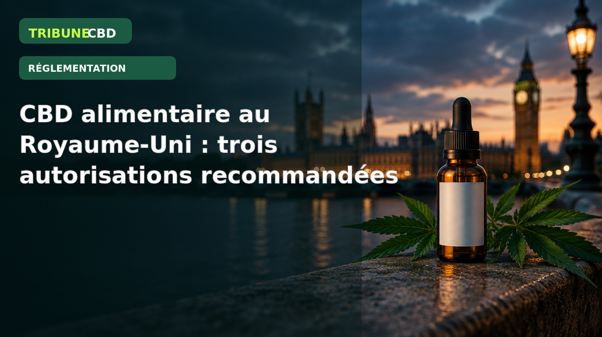 Illustration éditoriale : CBD alimentaire au Royaume-Uni : la FSA recommande trois premières autorisations, mais les ministres tranchent