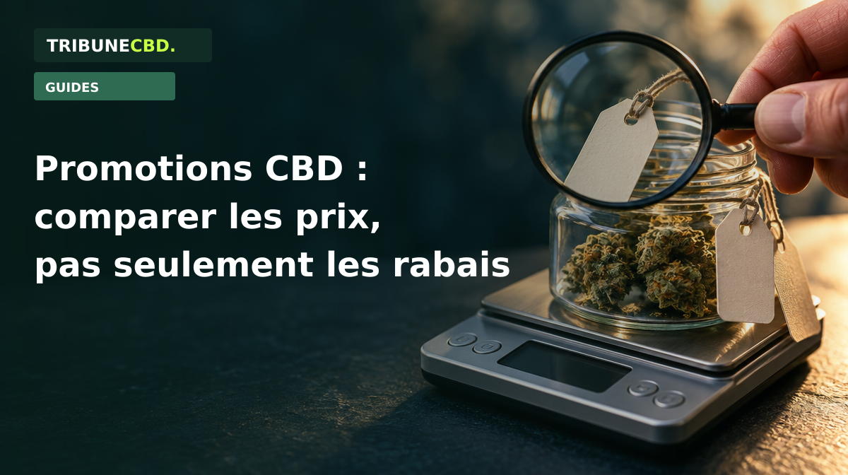 Illustration éditoriale : Promotions sur le CBD : comparer les prix sans se laisser guider par le rabais