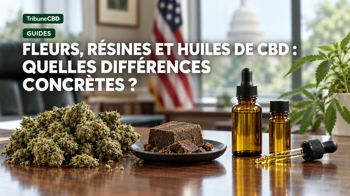 Illustration éditoriale : Fleurs, résines et huiles de CBD : quelles différences concrètes ?
