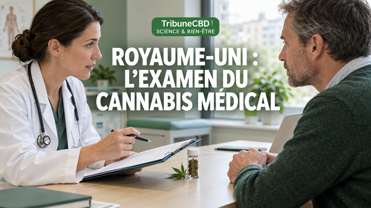 Illustration éditoriale : Royaume-Uni : l’examen du cannabis médical reste attendu sept ans après la réforme